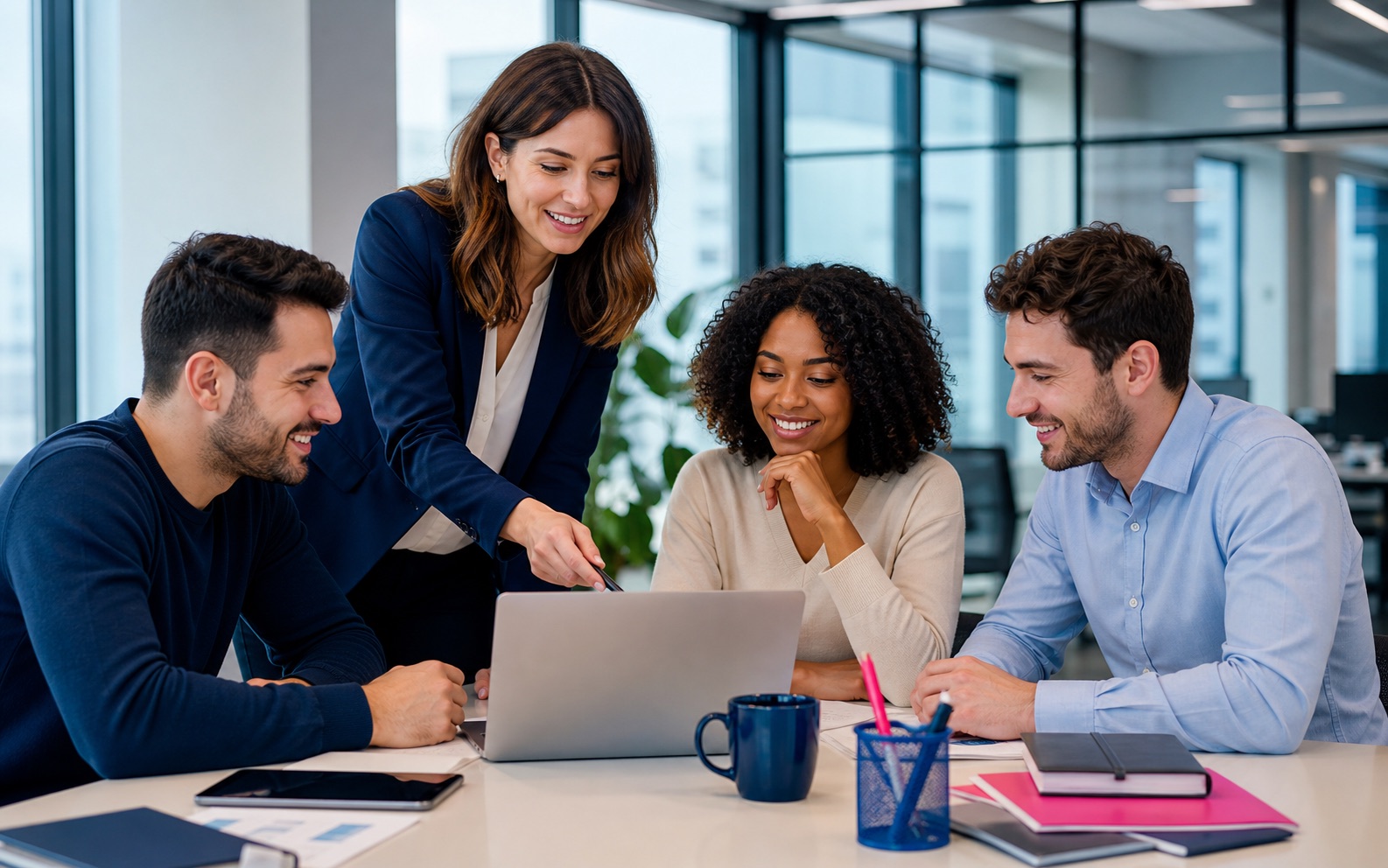 Manager e giovani professionisti digitali collaborano su un progetto