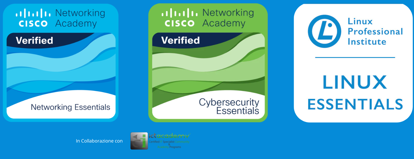 Loghi certificazioni Cisco Networking Academy, Cybersecurity Essentials e Linux Essentials