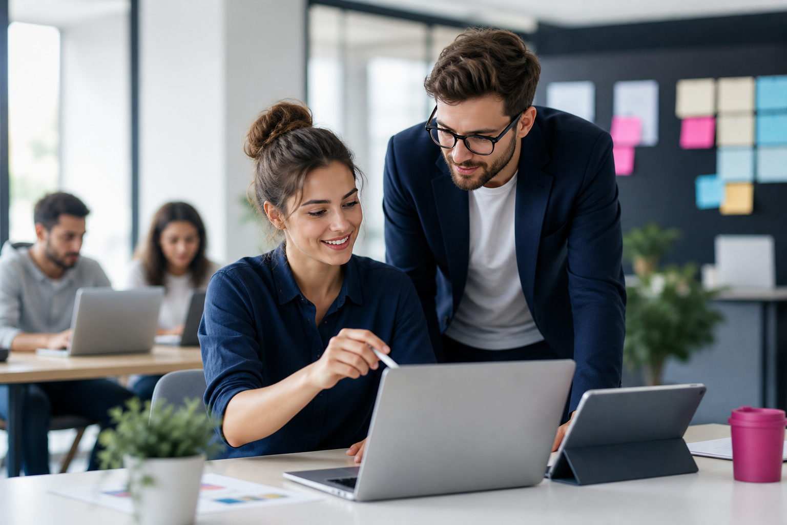 Giovane professionista e mentor al laptop durante un corso di AI e automazione