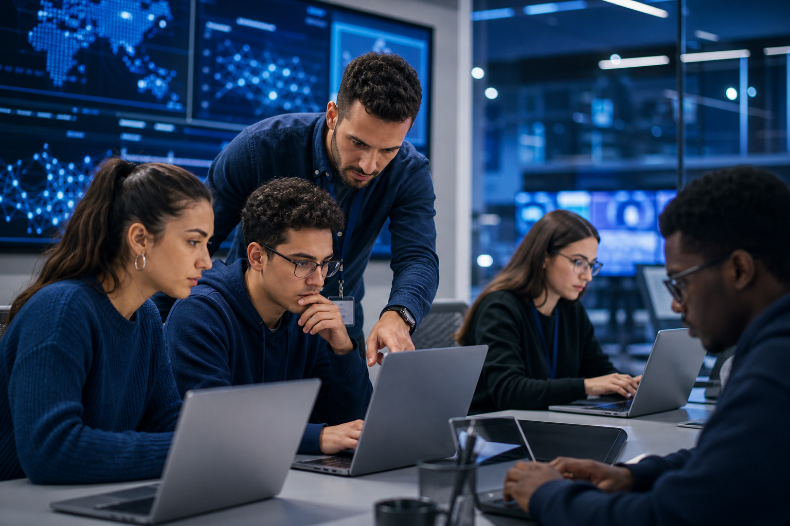 Aula cybersecurity con studenti che analizzano scenari operativi di sicurezza